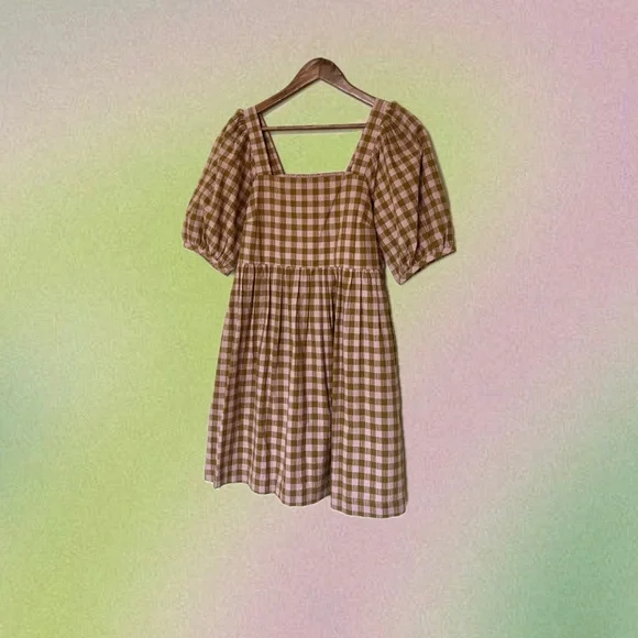 Madewell Pink and Olive Green Gingham Plaid Mini Babydoll Puff Sleeve Dress - Picture 1 of 9